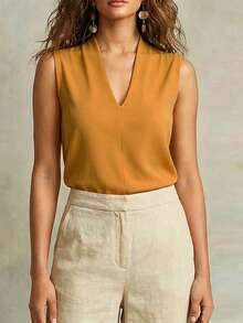 EMERY ROSE Camiseta de tirantes de unicolor con cuello en V para uso diario - Amarillo - Ver 1