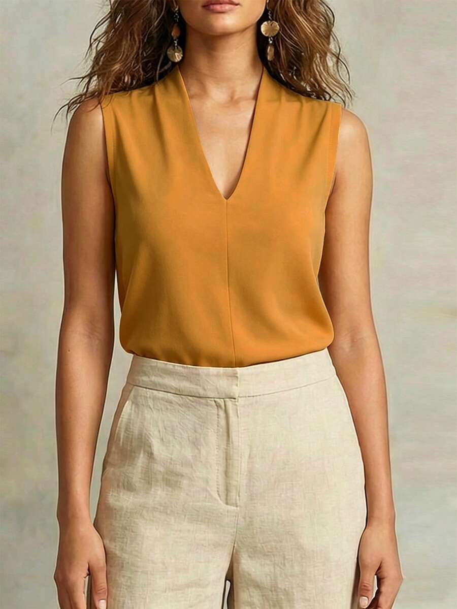 EMERY ROSE Camiseta de tirantes de unicolor con cuello en V para uso diario - Amarillo - Ver 1