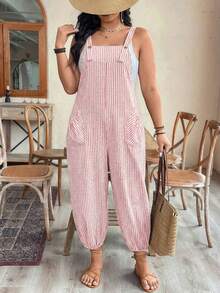 GlowEve CURVE Plus Size Women's Elegant Striped Pocket Jumpsuit With Drawstring, Suitable For Work And Commute, Spring/Summer - Pink - View 6