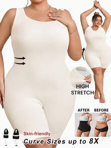 SHEIN CURVE+ 大码女士无缝塑身衣，胸部和臀部提拉 - 腹部、腰部和大腿塑形连体衣，曲线加大码，Hoho Vacation沙滩装/沙滩裙/沙滩度假装/沙滩必备/毕业典礼/下午茶派对礼服 - 米色 - 查看 8