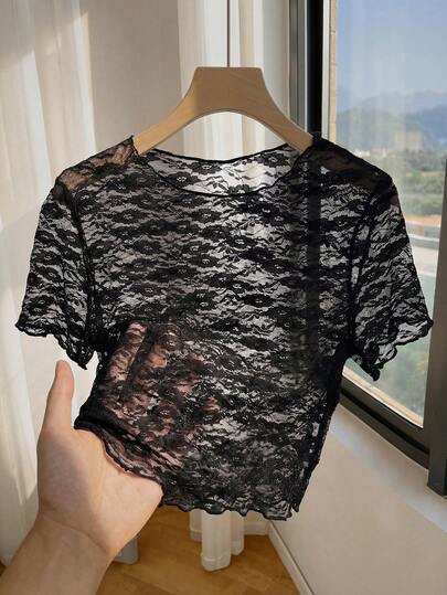 SHEIN Franclia Women's Sexy Sheer Lace T-Shirt, Summer, Spring/Summer Round-Neck Lingerie Lace Short-Sleeved T-Shirt, Lace T-Shirt, See-Through Lace T-Shirt, Short Blouse, Spring/Summer T-Shirt, Women's Top, Pullover Top, Lace Top, Black Lace Top