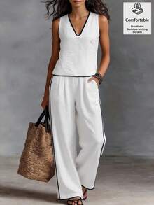 SHEIN Holidaya Women's V-Neck Patchwork Top And Pants Casual Suit - White - View 1