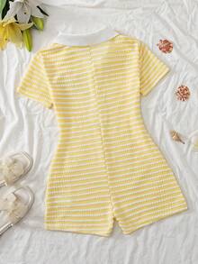 SHEIN Tween Girl Embellished Starfish Striped Polo Neck Romper - Yellow - View 2