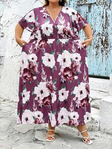 SHEIN CURVE+ Đầm dáng rộng, họa tiết hoa lớn, kiểu retro, có dây rút, phù hợp cho mùa xuân/hè, dáng đầy đặn, đi nghỉ mát, đầm xòe, đầm chống nắng cho nữ, trang phục đi biển cho nữ/đầm đi biển/trang phục đi biển/đồ cần thiết đi biển/đầm tốt nghiệp/đầm dự tiệc trà, trang phục mùa hè/đồng quê/đi biển/trang phục đi biển/đồ mặc đi biển - Màu Tím - Xem 6