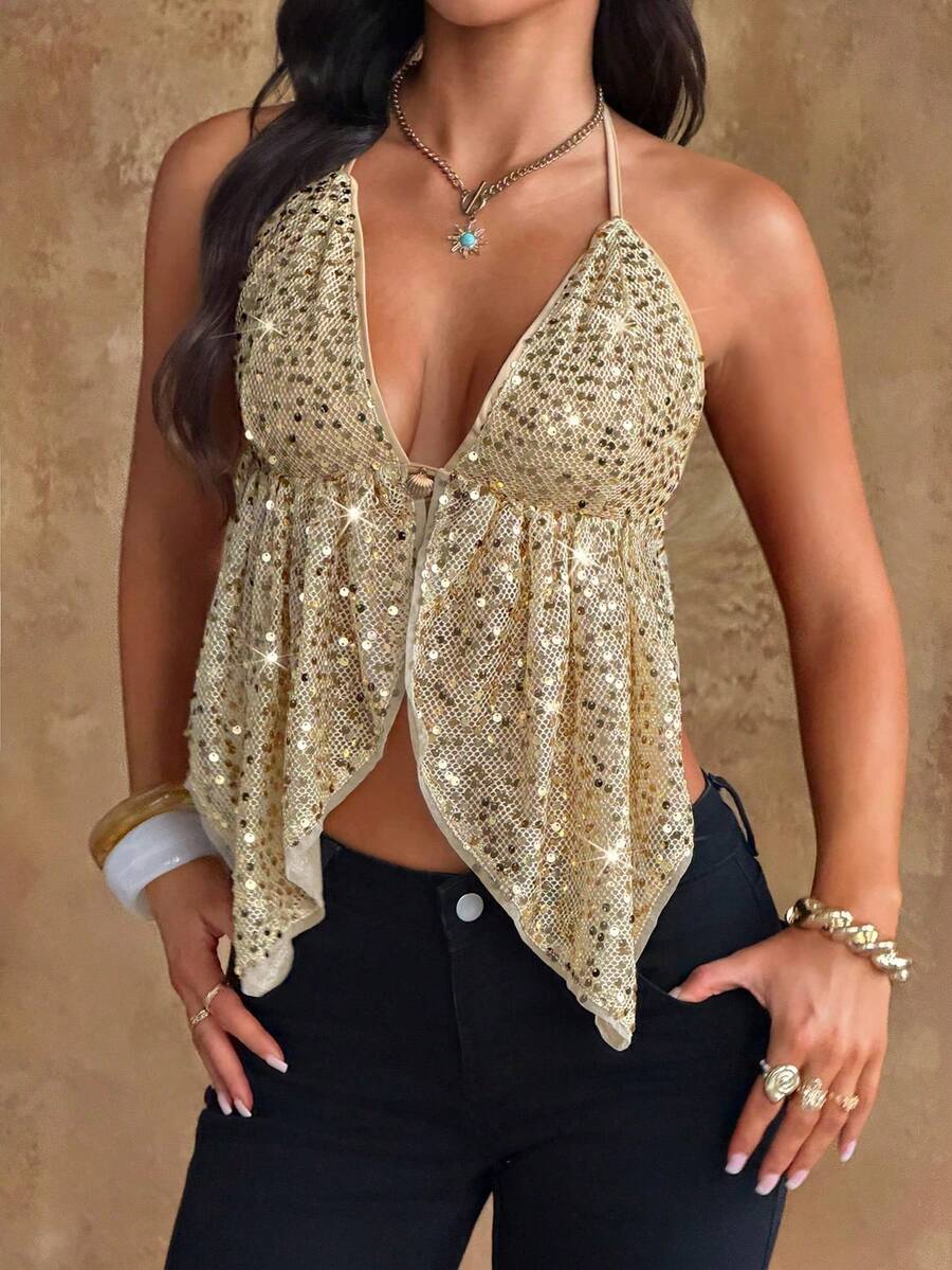 Flairista Áo kiểu nữ gợi cảm, vạt lệch, hở lưng, đính sequin, cổ yếm, thích hợp mặc đi club mùa hè. - Vàng - Xem 1