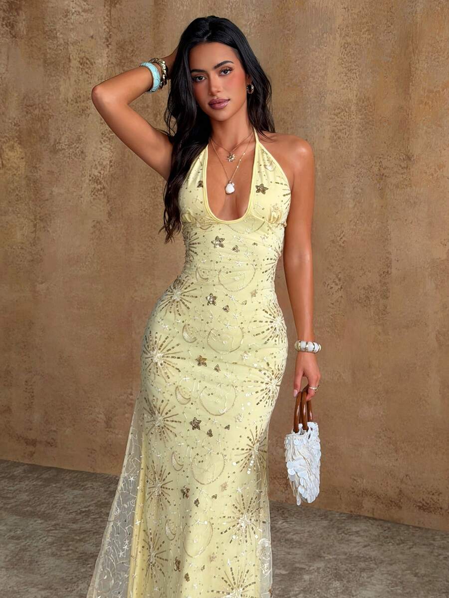 Bluhae Vestido de tirantes elegante y sexy con lentejuelas con motivos celestiales, adecuado para vacaciones/festivales de música - Amarillo - Ver 1