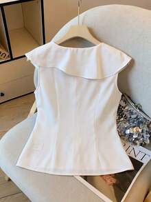 SHEIN Franclia 女士纯色褶皱休闲百搭日常衬衫 - 白色 - 查看 2