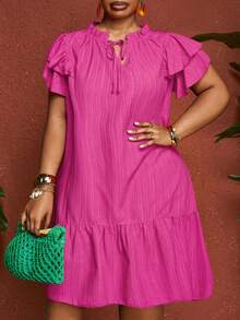 SHEIN CURVE+ Plus Size Solid Color Tie Neck Floucne Sleeve Ruffled Hem Dress,Sundress - Hot Pink - View 7