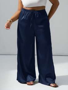 Hourglow Plus Size Wrinkle-Resistant Satin Straight Leg Loose Pants, Suitable For Valentine's Day, For Hourglass Body Shape - Navy Blue - View 4