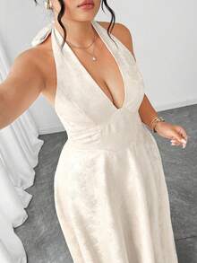 Elenzga Plus Size V-Neck Flowy Dress, Elegant Romantic Wedding/Evening/Formal Dress For Women, Summer Outfit With Bow - Apricot - View 6