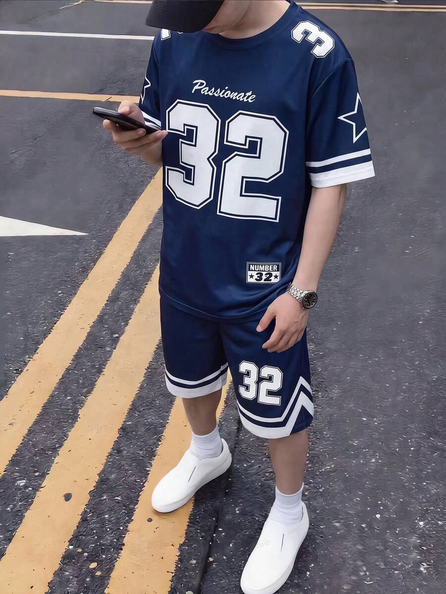 青少年夏季短袖短裤两件套,32码,星条纹印花休闲日常运动校园风户外通勤休闲服,适合青少年 - 藏蓝色 - 查看 1
