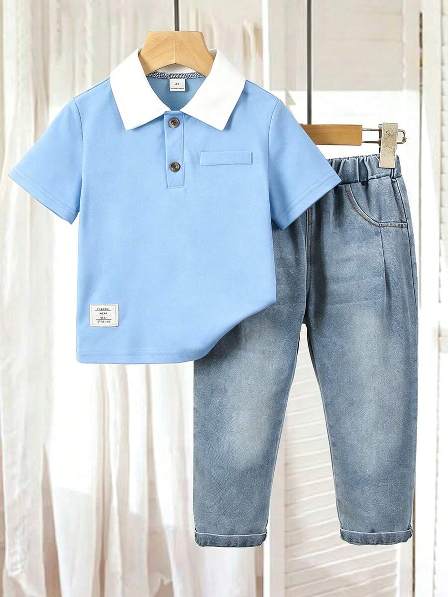 Genkimix Kids 2件組小男孩返校套裝,夏季 Polo 衫與牛仔褲,海軍藍白領短袖上衣與淺藍色牛仔褲校園套裝 - 霧霾藍 - 查看 1