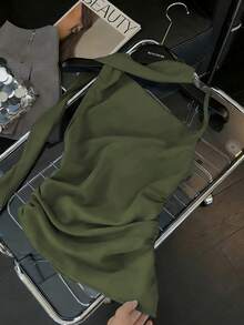 GlowEve 女士春夏法式浪漫西西里优雅休闲通勤度假下午茶情人节婚礼派对纯色腰部褶皱不对称吊带背心衬衫 - 軍綠色 - 查看 2