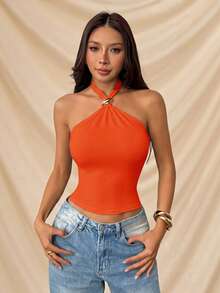 SHEIN PETITE Áo kiểu nữ màu trơn, đính kim loại, ôm sát, cổ yếm, thích hợp cho các buổi hòa nhạc, lễ hội. - trái cam - Xem 6
