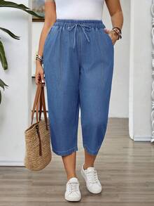 EMERY ROSE EMERY ROSE Plus Size Women Pockets Drawstring Waist Casual Versatile Daily Wear Denim Jeans - Medium Wash - View 4