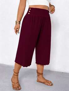 Elenzga Plus Size Women Casual Ruffle Hem Wide Leg Capri Pants - Burgundy - View 4