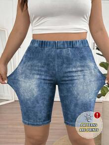 SHEIN Frenchy Pantalones cortos elásticos de cintura alta con textura azul natural para mujer talla grande - Multicolor - Ver 1