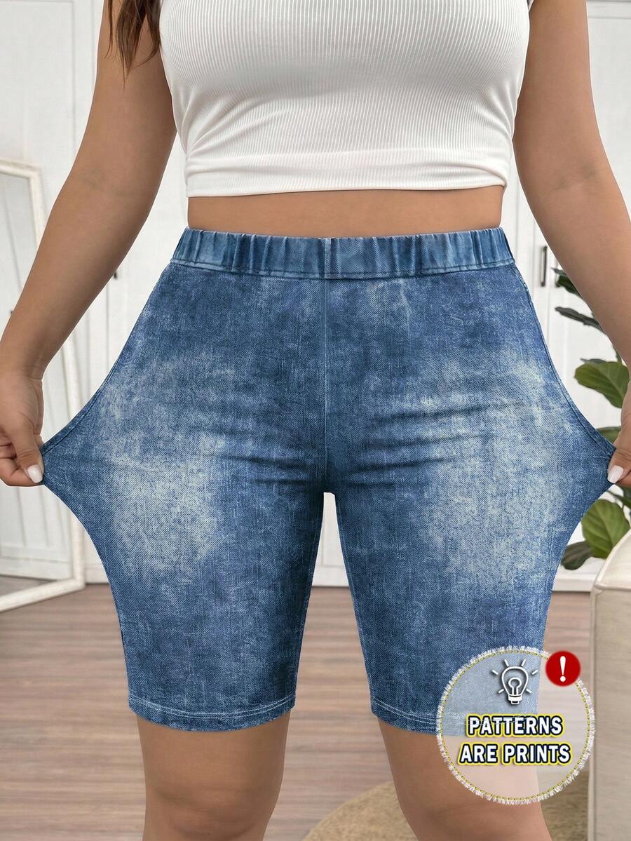 SHEIN Frenchy Pantalones cortos elásticos de cintura alta con textura azul natural para mujer talla grande - Multicolor - Ver 1
