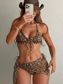 Swim SXY 3pcs/Set New Random Beige Print Halter Bikini Set With Short Skirt, Elegant Sexy Adult Beach Vacation Party Swimwear For Women Summer - Multicolor - View 7