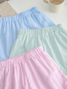 SHEIN 3件套少女条纹休闲短裤套装 - 綠色 - 查看 3