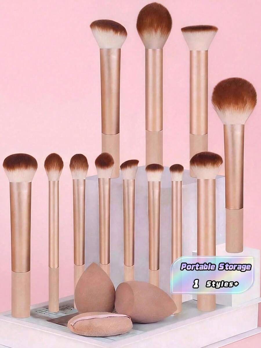 Juego de brochas de maquillaje, herramientas de maquillaje profesionales completas, almacenamiento portátil, perfecto para principiantes y caja de regalo festiva - Dorado - Ver 1