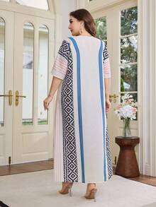 Al Najma Plus Size Women's Summer Beach Vacation Geometric Stripe Patchwork Print V-Neck Loose Arabic Style Dress - Multicolor - View 2