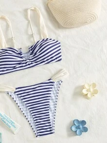 Swim Mod 女士条纹印花撞色V领金属装饰性感比基尼套装，26SS夏季简约优雅沙滩度假派对风格泳装两件套 - 彩色 - 查看 8