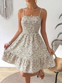 SHEIN VCAY Đầm hai dây in họa tiết tối giản dành cho nữ - Vàng nhạt - Xem 4