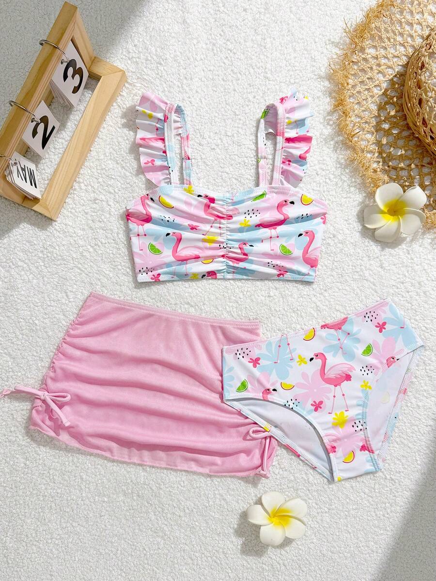 SHEIN Vintaside Kids 女童火烈鸟花卉印花吊带泳衣套装,含罩衫和迷你裙三件套 - 粉色 - 查看 1