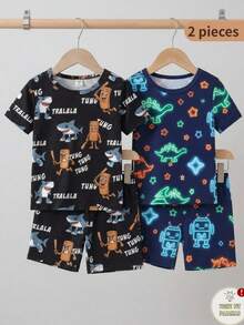 1 Set Young Boy Pajamas, Navy Blue Glow-In-The-Dark Round Neck Short Sleeve T-Shirt With Colorful Star, Green Dinosaur And Light Blue Block Print, Matching Shorts, Soft And Comfortable Knit Fabric, Suitable For Summer Indoor And Outdoor Wear - Multicolor - View 3