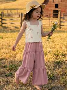 Emery Rose Kids Emery Rose Kids 两件套女童粉色梭织纯色方领荷叶边休闲吊带背心和长裤套装，女童波西米亚风套装，裤装派对套装，8岁女童吊带背心和阔腿裤套装，喇叭裤套装，儿童女童两件套夏季套装，波西米亚风套装，儿童亚麻女童服装，女童夏季阔腿裤，女童亚麻套装，女童两件套套装，儿童夏季女童服装，女童春季服装，儿童服装，女童套装夏季 - 粉色 - 查看 7