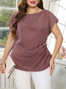 Reflora Camisa de uso diario versátil y casual con pliegues de unicolor para mujer de talla grande - Rosa vieja - Ver 8