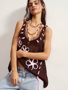 Bohemela Women's Vintage Hollow Rope Embroidery Tie Knit Top - Green - View 5