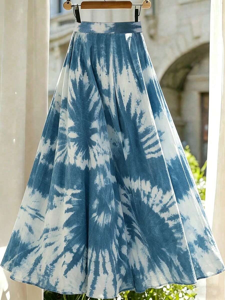 Breezaya 时尚小众设计女式半身裙,时尚扎染花卉图案,松紧腰,A字伞裙 - 彩色 - 查看 1
