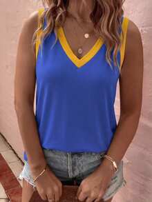 EMERY ROSE New Fashion Retro Casual Basic V-Neck Colorblock Plus Size Tank Top - Multicolor - View 4