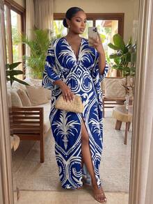 SHEIN Lady CURVE Đầm nghỉ mát tay lửng xẻ tà in hình cây cọ dành cho nữ cỡ lớn - Nhiều màu - Xem 1