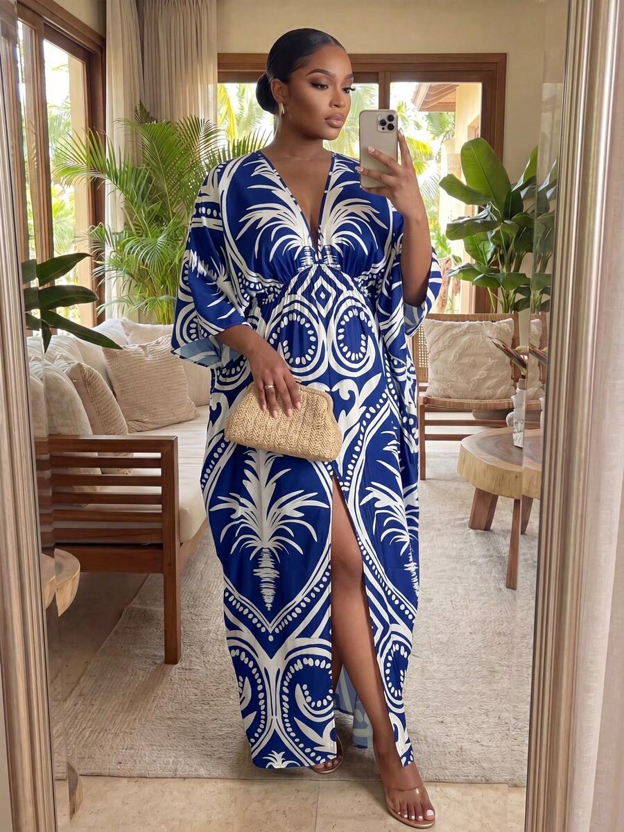 SHEIN Lady CURVE Đầm nghỉ mát tay lửng xẻ tà in hình cây cọ dành cho nữ cỡ lớn - Nhiều màu - Xem 1