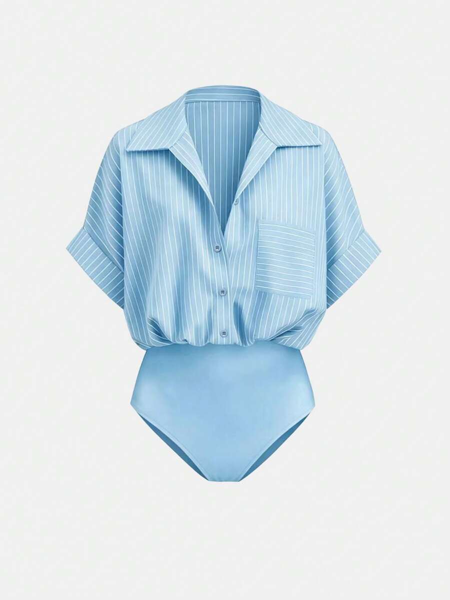 Franclia 女士时尚百搭纽扣条纹口袋翻领连体衣 - 淺藍色 - 查看 1