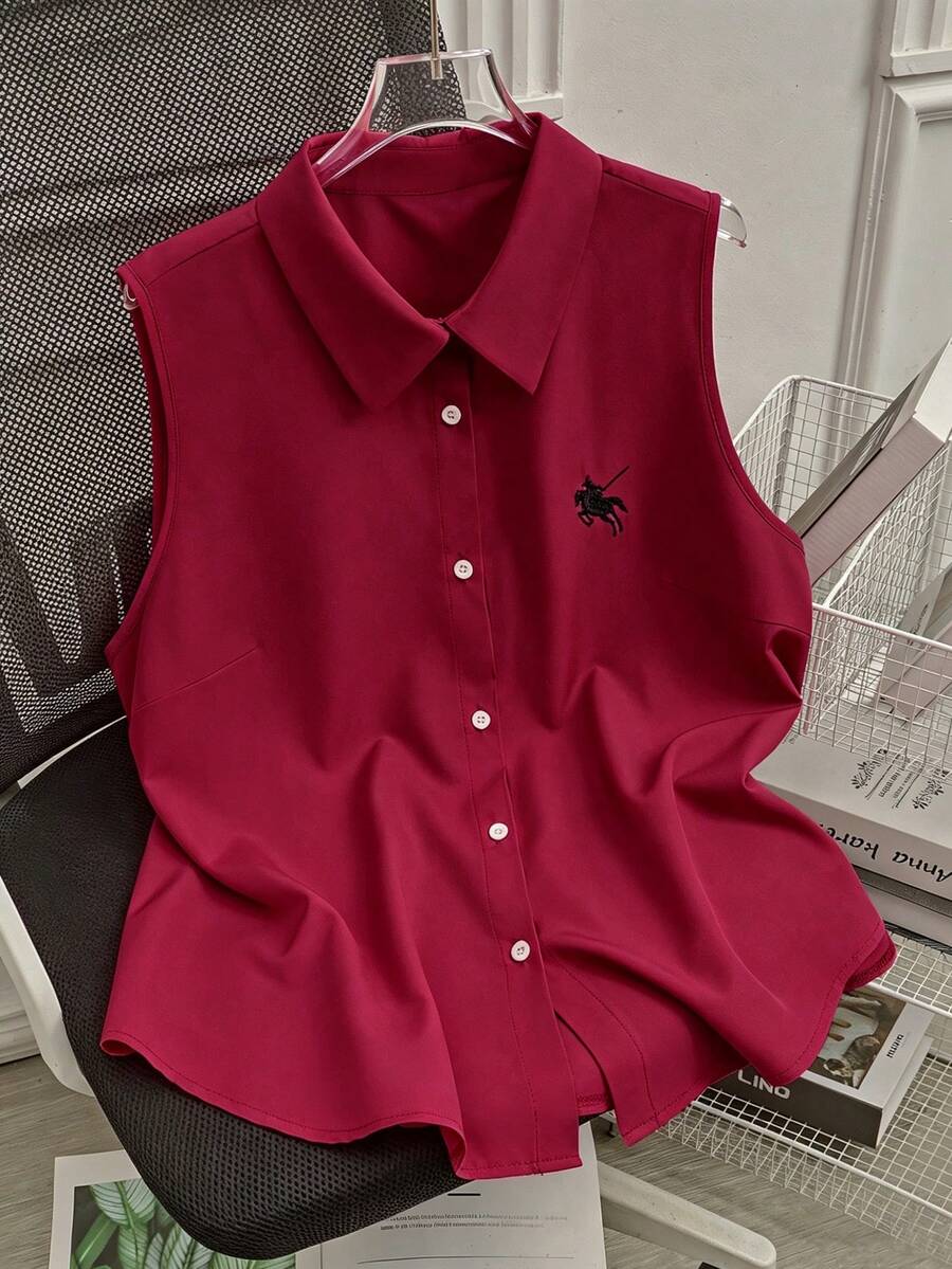 SHEIN LUNE Plus Size Women's Embroidered Knight Polo Collar Shirt - Burgundy - View 1