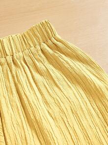 SHEIN Essnce Summer Casual Textured Wide Leg Capri Pants - Yellow - View 3