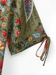 Linhara 碎花寬鬆短袖襯衫，復古波希米亞柔和風度假綠色花卉夏季款 - 綠色 - 查看 5