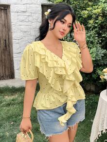 Modelyn Plus Size Summer Casual Polka Dot Print Ruffle Trim Blouse - Yellow - View 4