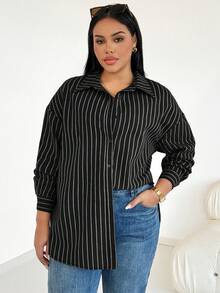 SHEIN CURVE+ Quần áo nữ cỡ lớn, thời trang mùa xuân, phong cách thường ngày, rộng rãi và thoải mái, trang phục cơ bản hàng ngày, ôm dáng, sọc nâu, áo sơ mi cài nút rộng thùng thình, trang phục mùa xuân, áo sơ mi nữ, kiểu dáng đơn giản, áo công sở - màu đen - Xem 3