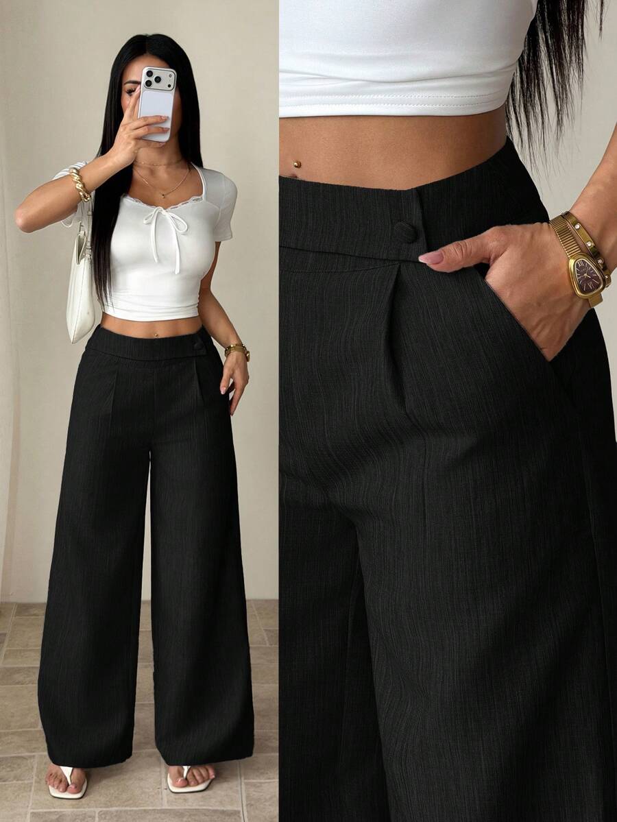 SHEIN PETITE 女款黑色夏季休閒辦公優雅直筒褲,竹纖維面料腰前疊層扣設計,專業教師制服百搭,適合嬌小女性 - 黑色 - 查看 1