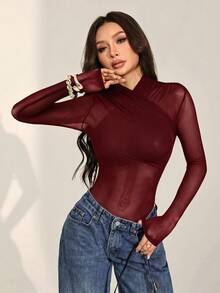 SHEIN PETITE 女士性感纯色网纱裹身连体衣，透视长袖上衣，长袖网纱上衣，黑色透视上衣，黑色网纱上衣，秋季款，黑色连体衣 - 酒紅色 - 查看 10