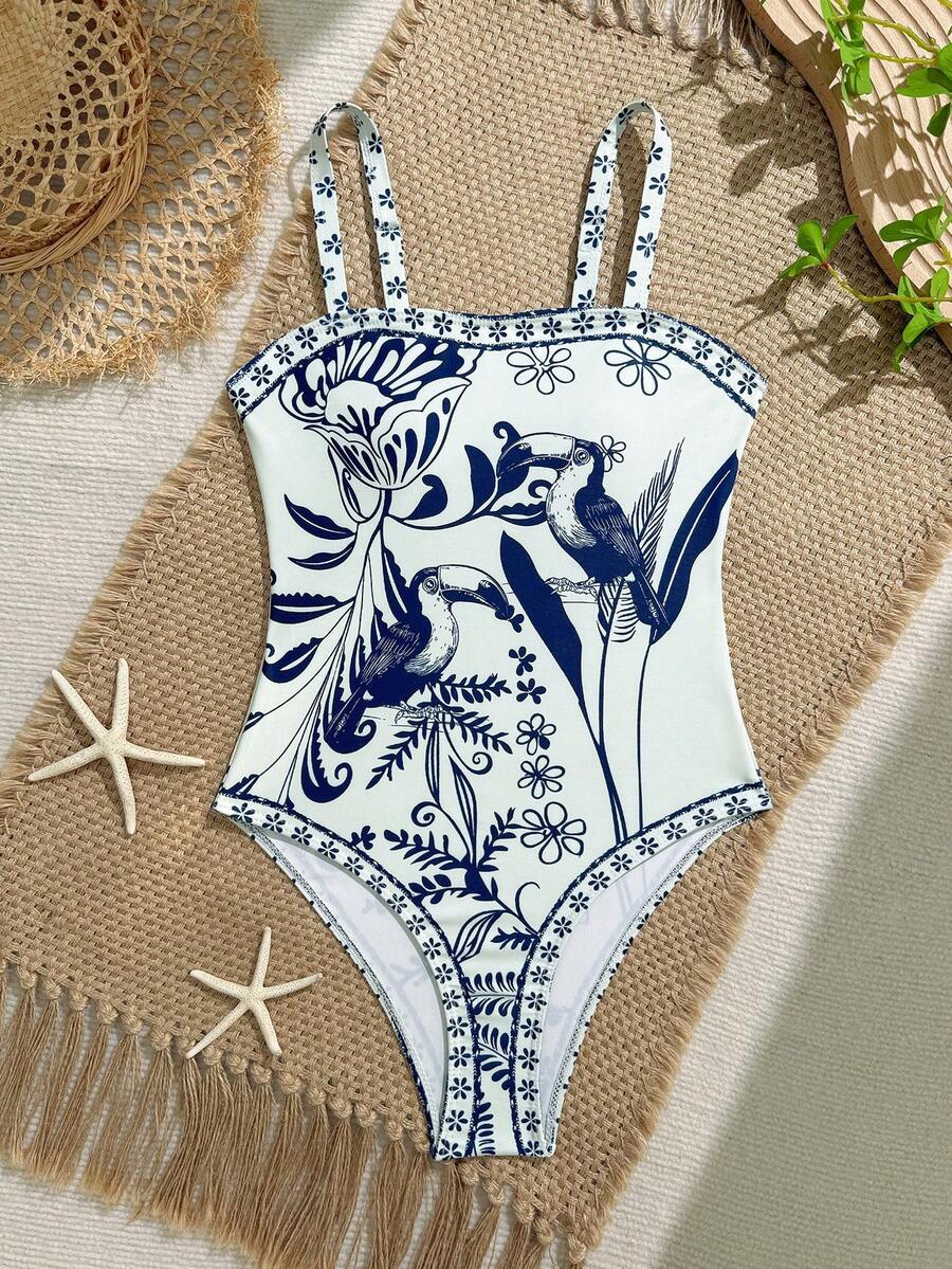SHEIN Traje de baño de una pieza con estampado tropical y tirantes ajustables para adolescentes, con bloques de color azul y blanco, diseño elegante y casual adecuado para nadar en verano - Multicolor - Ver 1