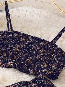 SHEIN Clasi 2件套加大码女式碎花吊带背心和迷你裙套装，适合新年穿着 - 藏蓝色 - 查看 3