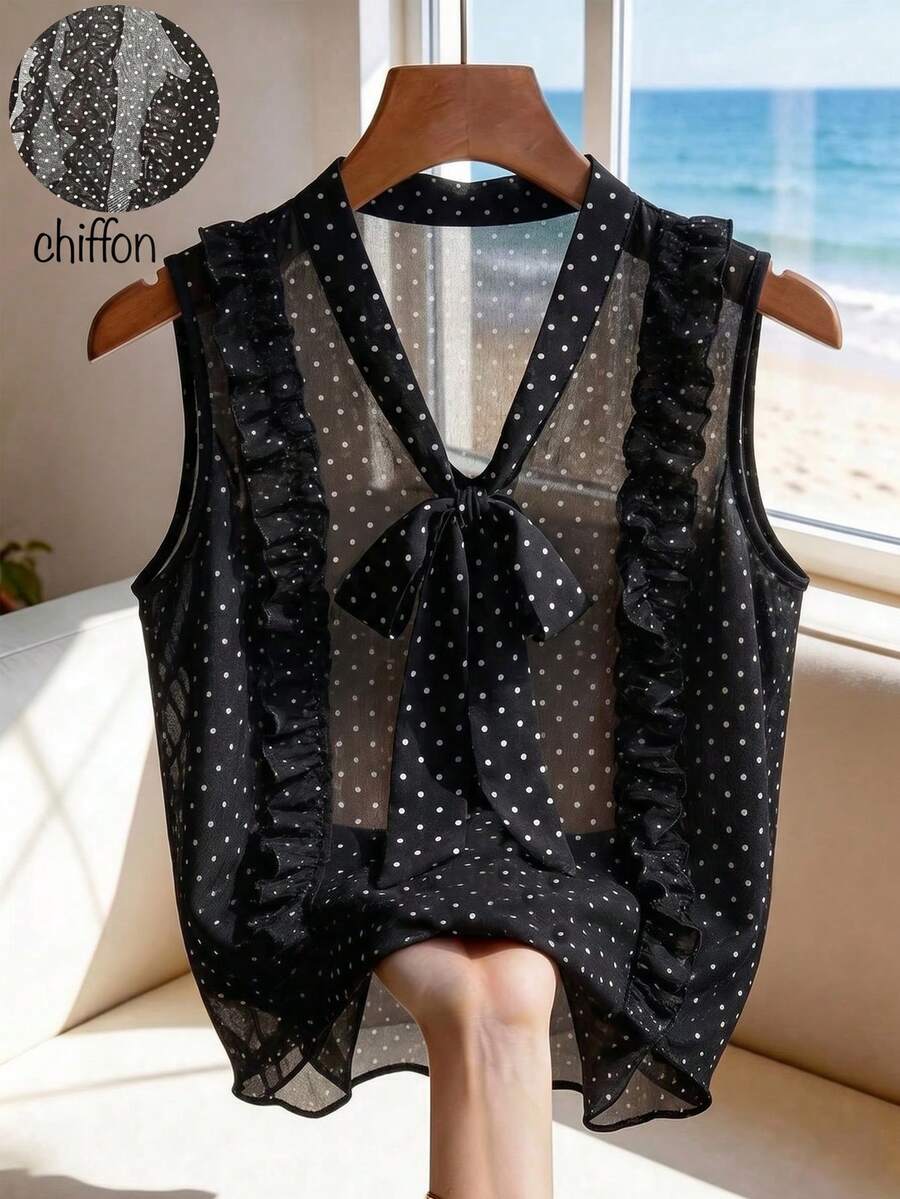 SHEIN Holidaya 女士波点系带休闲百搭日常衬衫 - 黑色 - 查看 1