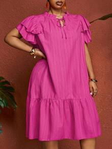 SHEIN CURVE+ Plus Size Solid Color Tie Neck Floucne Sleeve Ruffled Hem Dress,Sundress - Hot Pink - View 3