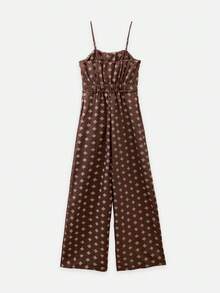 Nöista Jumpsuit Kaki Lebar Motif Geometris untuk Pakaian Liburan, Gaya Musim Panas, dan Pakaian Akhir Pekan. - Coffee Brown - View 10